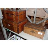 Two Victorian inlaid jewellery boxes and a brass bound cigarette box