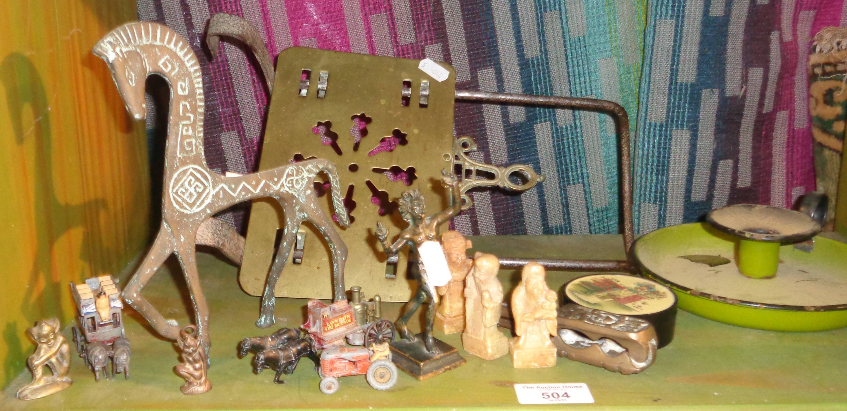 Assorted metalware, inc. old trivet, a figure of Pan, early Matchbox tractor, a brass Greek horse