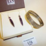 925 Sterling Silver amethyst drop earrings and a hallmarked silver hinged bracelet