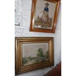 19th c. woolwork picture of a standing woman in a maple frame, 20" x 16". Together with a colour