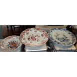Chinese porcelain Imari shaving or barber's bowl, Famille Rose bowl and another blue and white (