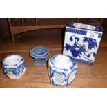 Three Chinese blue and white inkwells and a similar flower brick