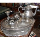 Pair of heavy silver plated candlesticks, similar tea set and two trays