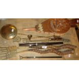 Pair of antelope horn and brass toasting forks, a bellows, chestnut roaster, etc.