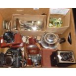 Four various cameras, inc. a Nikkormat SLR, assorted cutlery and some marbles