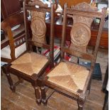 Set of six carved oak dining chairs with portraits to backs of three men and three women, having