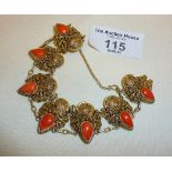 Silver gilt and coral Chinese style filigree panel bracelet - fully hallmarked maker EGE LD. Approx.