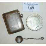 Hallmarked silver Vesta, 1916 sixpence coin salt spoon and a 1925 silver Liberty dollar
