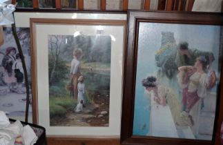 Four various framed colour prints, inc. "On the riverbank" after Spencer Coleman, "a Coign of