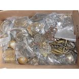 Quantity of brass cabinet makers door handles, escutcheons and hinges, etc.