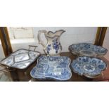 Assorted blue and white transfer decorated china, inc. shaped dishes, an oriental hors d'oeuvres