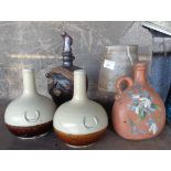 Two stoneware bottles, a painted glass wine flagon, etc.