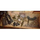Assorted architectural metalware, inc. brackets, sconces, door handle, etc., and a pair of carved