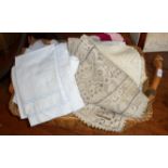 Large basket of assorted vintage lace and crochet work, etc.