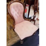 Victorian mahogany balloon back nursing chair with upholstered seat and back on turned legs