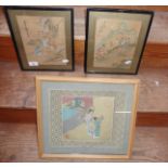 Three Japanese prints on silk signed and stamped