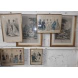 Four Victorian French fashion plate prints and two coloured engravings of romantic couples