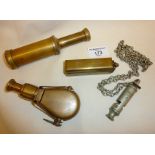 Two small brass telescopes (one folding), 1944 WW2 whistle, and antique French Le Centenaire brass