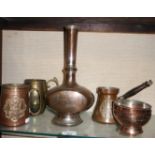 Middle Eastern copper bowls and vase, with hammered copper figural mug and coffee maker