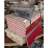 Two fabric covered boxes and a toleware tin