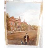 Small naive oil on card of a street scene with figures