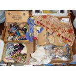 Assorted vintage haberdashery, inc. cottons, scarves, a royal silk hanky, part sampler, etc.