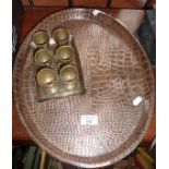 Arts & Crafts beaten copper tray by Joseph Sankey & Sons, and a tray of six Indian brass egg cups