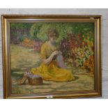 Gilt framed oil on board of a lady in yellow dress sewing in a garden, signed R. Weaver, 21" x 26"