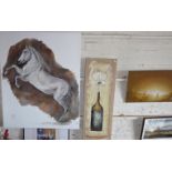 Three contemporary oils on canvas, inc. a rearing horse, a wine bottle with flower, and a fishing