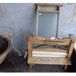 Antique mangle household wringer, 16" rollers, and a wood and glass washboard
