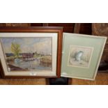 Oil on board of a river scene, signed by E.S. Cook and a watercolour of a doormouse by A. Slade