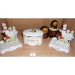 Two Yardley china soap dishes, similar soap box and a painted Russian Matryoshka doll