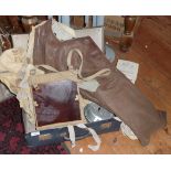 WW2 canvas map case, 3 Mae West vests, a leather jerkin and an aluminium cooking utensils kit, etc.