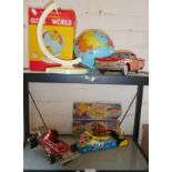 Tin plate "Fire Chief" car, Italian diecast Ferrari and a Chad Valley globe (A/F), also including