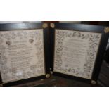 Pair of 19th c. samplers in black and gold frames by two sisters aged 8 years and 10 years