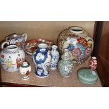 Assorted Chinese and Oriental porcelain, inc. snuff bottle and ginger jars, etc.