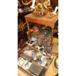 Assorted metalware, inc. mincer, tilley lamp, etc. and a gilt wood chandelier