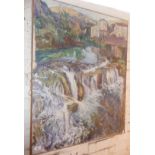 Large unframed oil on canvas of a French scene with waterfalls by S. Davies