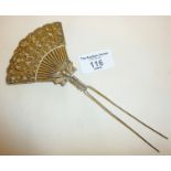 Silver gilt Chinese hair ornament or pin in the form of a trembling fan decorated with flowers and a