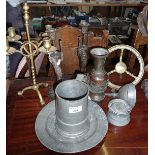 19th c. pewter quart tankard, pewter inkwell and funnel, bronze and brass candlesticks, etc.