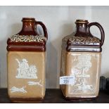 Two 19th c. Doulton stoneware square hunting spirit flasks, retailers impressed marks to base