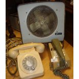 1970s Trimphone, a 1960s telephone and a Kenwood fan heater