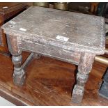 18th c. oak footstool on turned legs with stretchers (one missing)