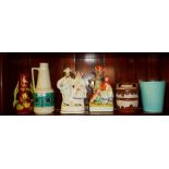 1960s West German pottery vase, three other vases and two Staffordshire flatback figure groups