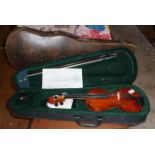 Modern violin (11") in case and an older violin case