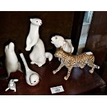 Lomonosov USSR animal figures, inc. seal, polar bear, rabbit, ermine, etc., (with resin cheetah)