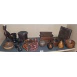 Assorted turned wood items and figures, inc. lignum vitae mortar, a seated Buddha etc