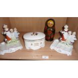 Two Yardley china soap dishes, a similar soap box and a painted Russian Matryoshka doll