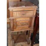 19th c. French marble topped pot cupboard with drawer and cupboard standing on turned legs