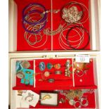 Jewellery box with vintage contents, inc. silver bracelets, cameo brooch, retro rings, etc.